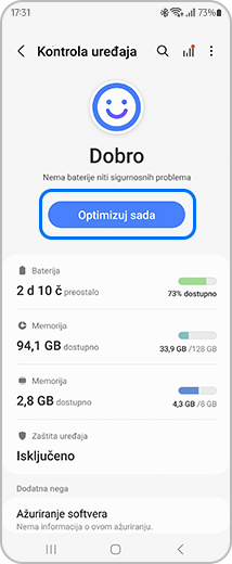 Prikaz ekrana „Kontrola uređaja” sa označenom opcijom „Optimizuj sada”.
