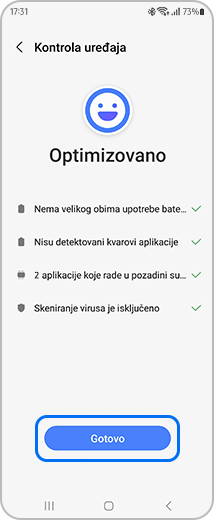 Prikaz ekrana „Kontrola uređaja” sa označenom opcijom „Gotovo”.