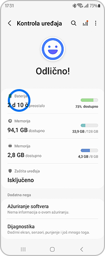 Prikaz ekrana „Kontrola uređaja” sa označenom opcijom „Baterija”.