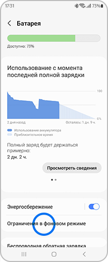 Вид экрана «Батарея» с выделенным пунктом «Ограничения в фоновом режиме».