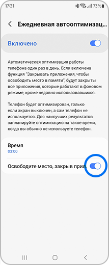 Вид экрана «Ежедневная автооптимизация» с выделенным переключателем «Освободить место, закрыв прил.».