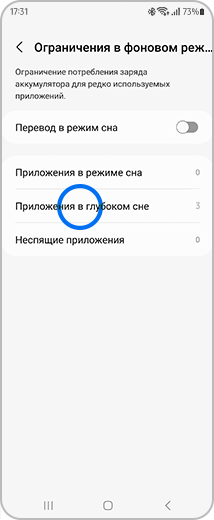 Вид экрана «Ограничения в фоновом режиме» с выделенным пунктом «Приложения в глубоком сне».