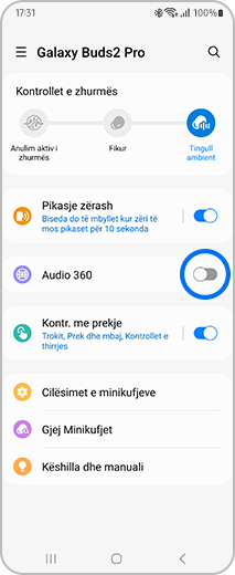 Pamja e ekranit të aplikacionit Galaxy Wearable me butonin përzgjedhës "Audio 360" të theksuar.