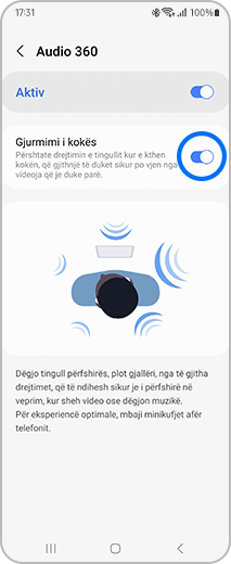 Pamja e menusë së Audio 360 me opsionin e gjurmimit të kokës.