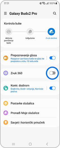 Prikaz početnog zaslona aplikacije Galaxy Wearable s istaknutim prekidačem „Zvuk 360“.