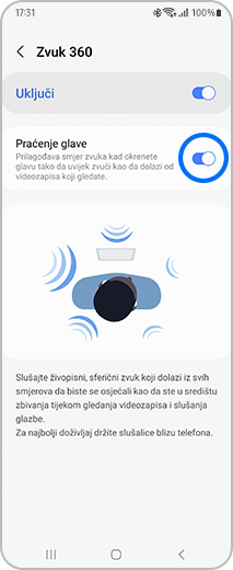 Prikaz izbornika Zvuk 360 s opcijom praćenja položaja glave.