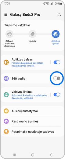 Programėlės „Galaxy Wearable ekrano vaizdas su pažymėta parinktimi „360 audio“.