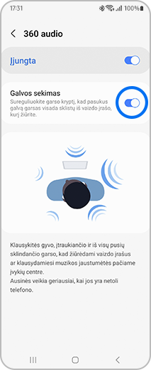 „360 audio“ meniu vaizdas su galvos judesių sekimo parinktimi.