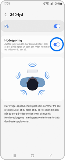 Bilde av 360-lydmenyen med alternativet hodesporing.