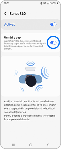 Imagine cu meniul Sunet 360, cu opțiunea de urmărire a capului.