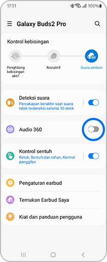 Tampilan layar aplikasi Galaxy Wearable dengan tombol sakelar "Audio 360 " disorot.