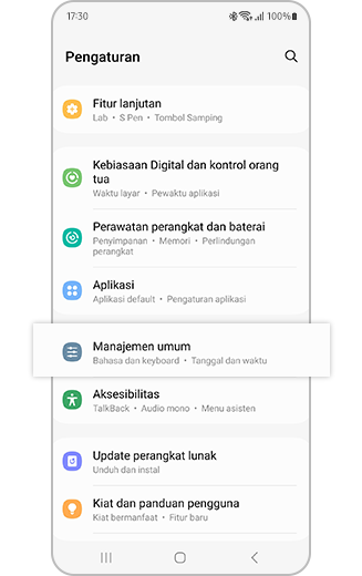 Tampilan menu Pengaturan dengan opsi "Manajemen umum" disorot.