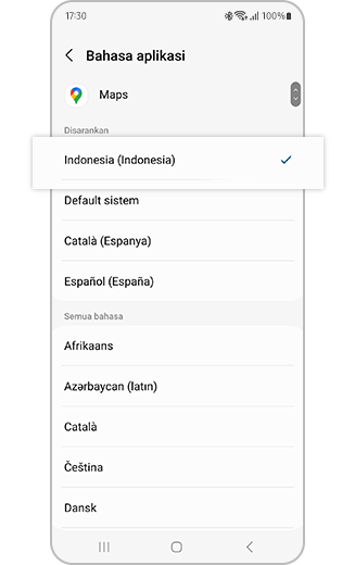Tampilan opsi pilihan bahasa.