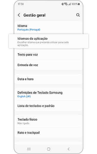 Vista do menu de Gestão geral com a opção “Idiomas das aplicações” realçada.