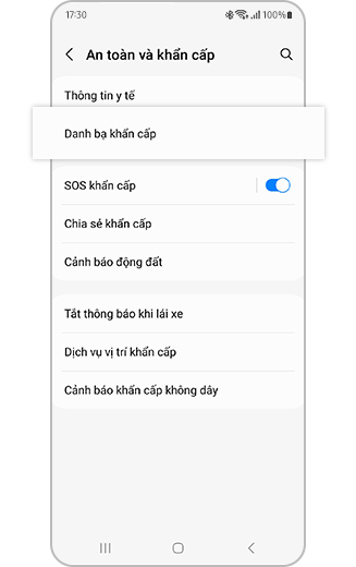 Hình ảnh menu An toàn và khẩn cấp với tùy chọn “Danh bạ khẩn cấp” được đánh dấu.