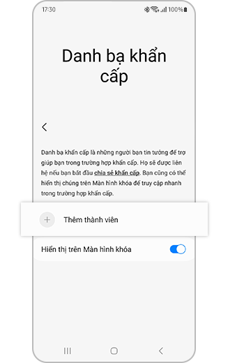 Hình ảnh màn hình Danh bạ khẩn cấp với tùy chọn “Thêm thành viên” được đánh dấu và nút chuyển để “Hiển thị trên Màn hình khóa”.