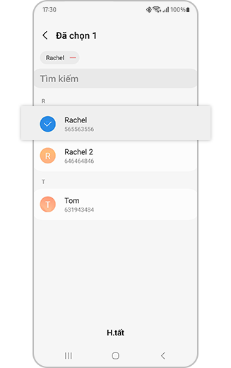 Hình ảnh danh sách liên lạc và tùy chọn để chọn liên lạc khẩn cấp.