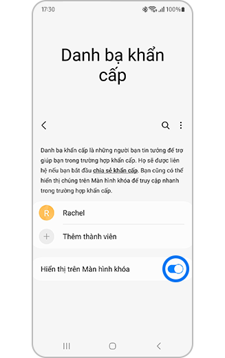 Hình ảnh màn hình “Danh bạ khẩn cấp” với nút chuyển “Hiển thị trên Màn hình Khóa” được bật.