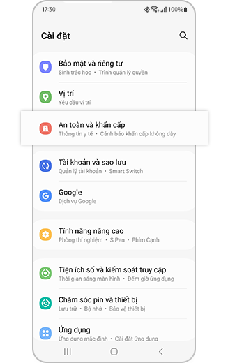 Hình ảnh mục Cài đặt của Samsung Galaxy với tùy chọn “An toàn và khẩn cấp” được đánh dấu.