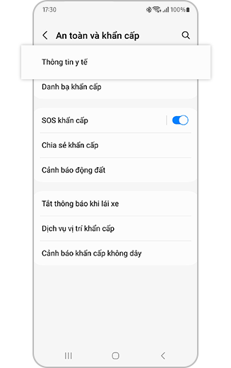 Hình ảnh menu An toàn và khẩn cấp với tùy chọn “Thông tin y tế” được đánh dấu.