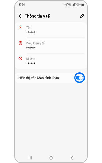 Hình ảnh màn hình “Thông tin y tế” với nút chuyển “Hiển thị trên Màn hình Khóa” được bật và được đánh dấu.