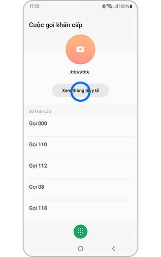 Hình ảnh màn hình Danh bạ khẩn cấp của Samsung Galaxy với tùy chọn xem thông tin y tế.