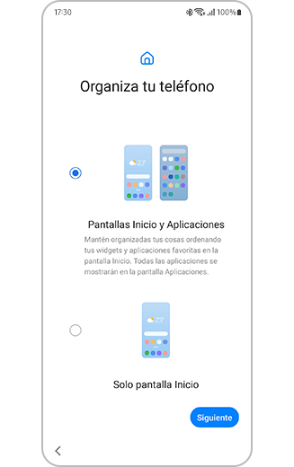 Vista del proceso de organización para la configuración del teléfono, con opciones de transferencia de pantalla de inicio y aplicaciones