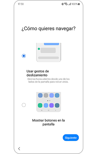 Vista del proceso de ejecución de la configuración con la opción de transferir los gestos de deslizamiento y los botones en pantalla