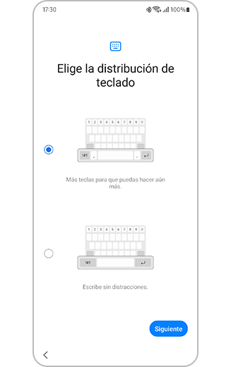 Vista del proceso de configuración para seleccionar la disposición del teclado.
