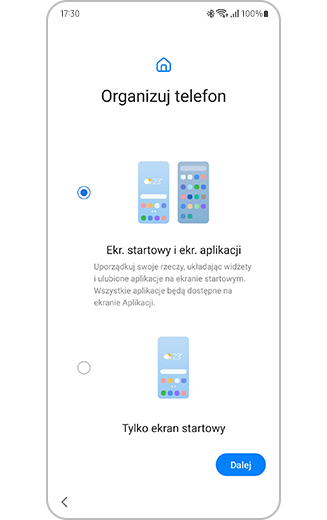 Ekran konfiguracji sposobu obsługi telefonu z opcjami przenoszenia ekranu głównego i aplikacji.