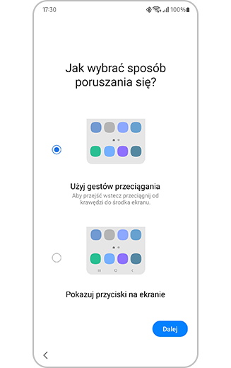 Ekran konfiguracji obsługi telefonu poprzez gesty przeciągania lub przyciski ekranowe.