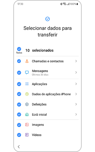 Vista da lista do Smart Switch de opções de dados selecionáveis para transferir.