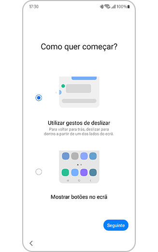Vista de como se orientar no processo de configuração com opção para transferir os gestos de deslizar e os botões no ecrã.