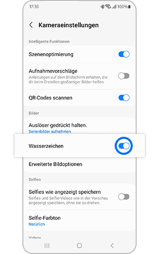 Wasserzeichen-Option in den Kamera-Einstellungen mit Ein-/Aus-Umschalter.