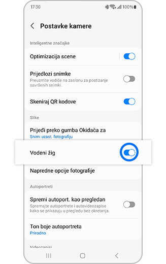 Prikaz opcije Vodeni žig u postavkama aplikacije Kamera s preklopnim gumbom za uključivanje i isključivanje.
