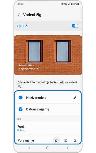 Prikaz opcija za vodeni žig koje se mogu prilagoditi, uključujući naziv modela, datum i vrijeme, kao i stilske opcije kao što su izbor fonta i poravnanje teksta.