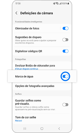 Vista da opção Marca d'água nas definições da Câmara com botão de alternar entre ativar e desativar.