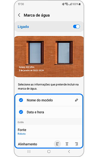 Vista das opções personalizáveis para a marca d'água, incluindo nome do modelo, data e hora, além de opções de estilo como a escolha do tipo de letra e do alinhamento do texto.