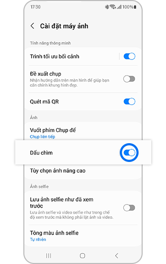 Hình ảnh tùy chọn Dấu chìm trong cài đặt Máy ảnh với nút chuyển bật và tắt.