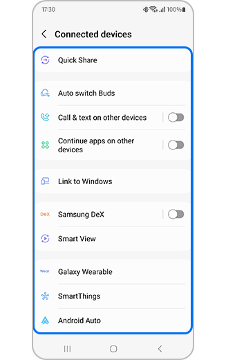 Connected devices screen from a Galaxy phone
