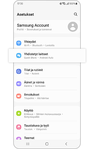 Kuva korostetusta Yhdistetyt laitteet -ominaisuudesta asetuksissa.