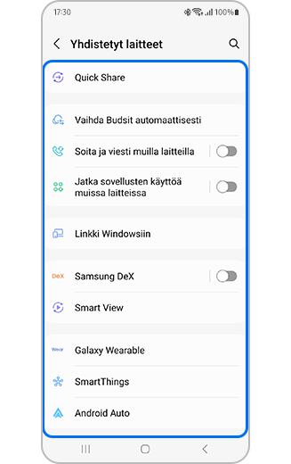 Kuva valittavista saatavilla olevista kohteista laitteen yhdistämiseksi.