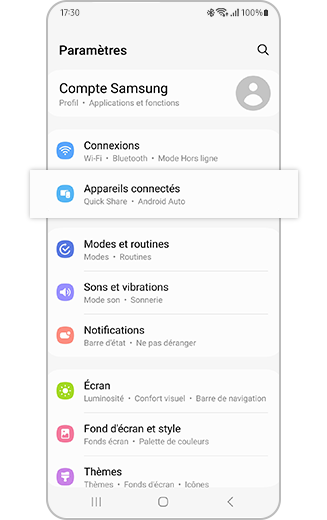 Aperçu de la fonctionnalité Appareils connectés dans les paramètres.