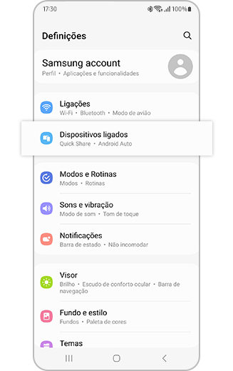 Vista da funcionalidade Dispositivos ligados realçada nas Definições.