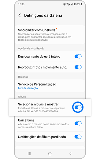 Vista da funcionalidade Selecionar álbuns a mostrar com botão de alternar entre ativar e desativar nas Definições da galeria.