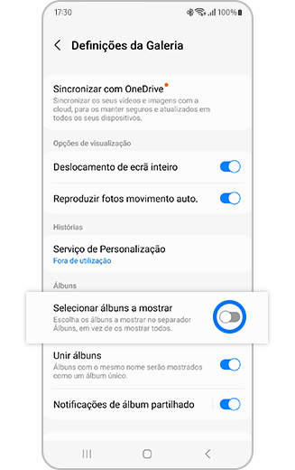 Vista da opção Selecionar álbuns a mostrar com botão de alternar entre ativar e desativar.