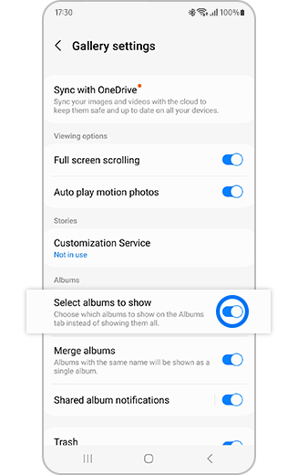View of Select albums to show feature with on and off switch within Gallery settings.