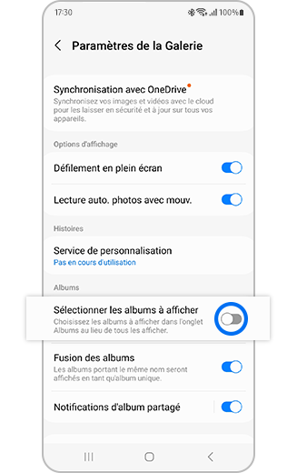 Aperçu de l'option Sélectionner les albums à afficher avec le commutateur d'activation.