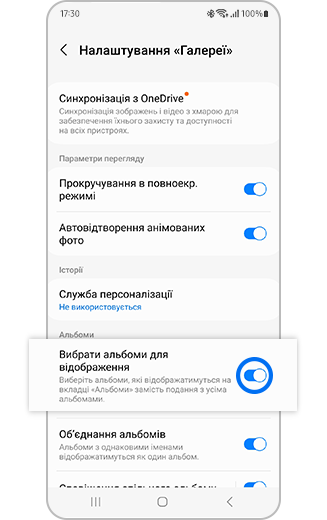 Вигляд функції "Вибрати альбоми для відображення" з перемикачем в межах налаштувань Галереї.