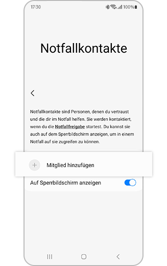 Bildschirm „Notfallkontakte“ mit hervorgehobener Option „Mitglied hinzufügen“ und Umschalter „Auf dem Sperrbildschirm anzeigen“.